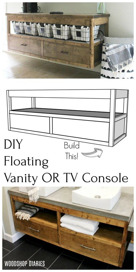 This DIY floating vanity design also works perfect for a floating tv stand/floating entertainment center, too!  Use the exact same plans to build both!!  No brackets required to install--simple build, simple installation, simply stunning.  Build your own floating furniture with these free plans! Diy Under Tv Storage, Diy Tv Wall Ideas Bedroom, Diy Under Tv Stand, Simple Diy Entertainment Center, Diy Floating Tv Console Wall Mount, How To Build Floating Tv Console, Diy Under Tv Cabinet, Diy Floating Shelf Under Tv, Floating Tv Stand Ideas