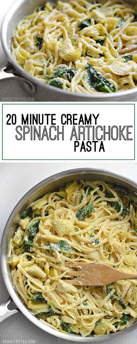 Make a delicious dinner with pantry staples in about 20 minutes with this one skillet Creamy Spinach Artichoke Pasta. By @budgetbytes Raw Spaghetti, Spinach Artichoke Pasta, Gf Pasta, Artichoke Pasta, Budget Bytes, Artichoke Recipes, One Skillet, Orzo Pasta, Creamy Spinach