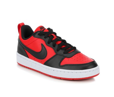 Comfort and style come together in the Nike Court Borough Low 2. The structured, supportive fit has a retro basketball design so you can look like an all-star off the court. Leather upper in a lifestyle fashion sneaker style with a round toe, Lace-up closure, Nike swoosh and logo details with perforation detail on toe, Heel pull tab, Padded collar and tongue, Soft lining with comfort footbed, Stitched midsole, Durable rubber traction outsole | Boys' Nike Big Kid Court Borough Low Recraft GS Snea Air Force Jordans, Nike Court Borough Low 2, Nike Air Max Ltd, Nike Court Borough Low, Nike Court Borough, Retro Basketball, Basketball Design, Nike Boy, Boys Nike