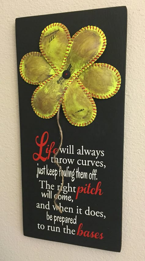 Life Will Always Throw Curves, Baseball/Softball Sign Decor, Inspirational Quote, Baseball Softball Flower Yellow Softball - pinned by pin4etsy.com Softball Flowers, Baseball Flowers, Softball Room, Softball Sign, Baseball Wall Decor, Softball Crafts, Baseball Crafts, Baseball Wall, Softball Quotes