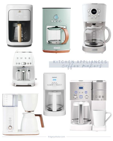 Rounding up the best looking white coffee makers that don't take up a ton of counter space room and, hopefully, produce delicious coffee. | RidgelysRadar.com #coffeemakers #dripcoffeemakers #singleservecoffeemaker #dualcoffeemaker #whitecoffeemakers #bestlooking #deliciouscoffee #retrocoffeemaker #smallcoffeemaker #singleserve #10cupcoffeemaker #14cupcoffeemaker #4cupcoffeemaker #8cupcoffeemkaer #cupofjoe #coffeelover White Keurig In Kitchen, White Coffee Maker On Counter, Coffee Makers On Counter, White Coffee Maker, Coffee Maker Aesthetic, Dual Coffee Maker, Small Coffee Maker, K Cup Coffee Maker, Big Cup Of Coffee