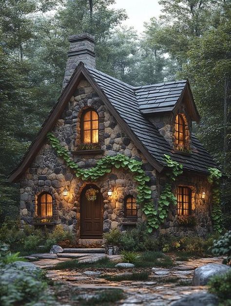 Tiny House Stone Cottage, Fairy Core House, Cottage Core House Aesthetic, Fairytale Cottage Interiors, Storybook Architecture, Cotswold Cottages, Small Stone Cottage, Fairytale Room, Magic Cottage