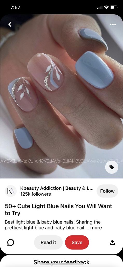 Spring Wedding Nails Bridesmaid, Sky Blue Prom Nails, Dusty Blue Nail Designs, Sky Blue And Gold Wedding, Blue And White Glitter Nails, Sky Blue Gel Nails, Sky Blue And White Nails, Bridal Nails Blue, Dusty Blue Nails Wedding