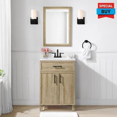 Style Selections Dolton 24-in Natural Oak Undermount Single Sink Bathroom Vanity With White Engineered Stone Top (Mirror Included) in the Bathroom Vanities with Tops department at Lowes.com Removable Backsplash, Powder Room Mirror, Engineered Stone Countertops, Wood Bathroom Vanity, Single Sink Bathroom, Bathroom Size, Single Sink Vanity, White Sink, Sink Countertop