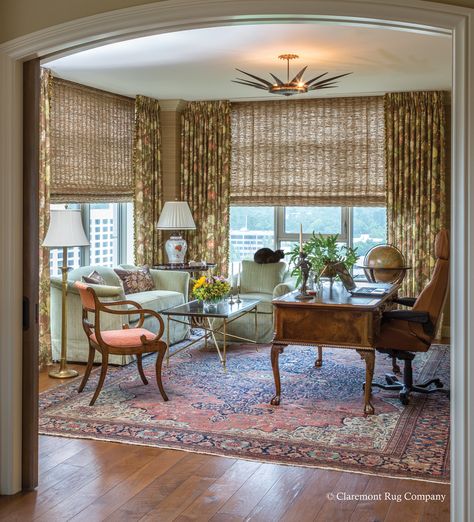 19th century Feraghan Sarouk Carpet Brings Focused Attention To Home Office http://www.claremontrug.com/client-home-interiors-design/19th-century-feraghan-sarouk-carpet-brings-focused-attention-to-home-office/ Eclecticism Architecture, Persian Interior, Persian Carpet Living Room, Persian Architecture, Modern Office Space, Carpets For Kids, Office Carpet, Extra Large Rugs, Style Carpet