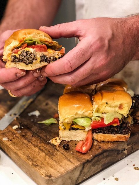 Black Bean Sliders | Recipeish | Gustus Vitae Black Bean Sliders, Vegetarian Sliders Hawaiian Rolls, Roasted Black Beans, Sliders Hawaiian Rolls, Burger Sliders Recipes, Sliders Recipes Hawaiian Rolls, Buffet Party, Burger Seasoning, Jimmy Buffet