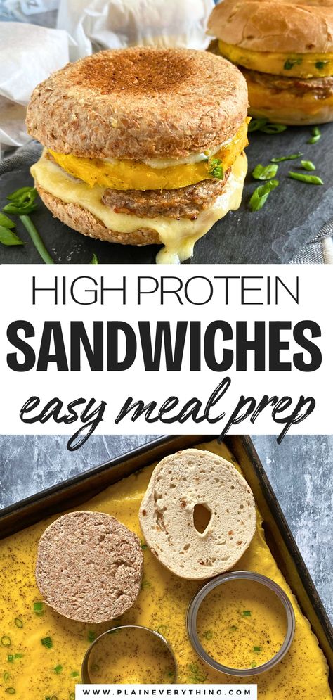 Easy Breakfast Sandwiches | High Protein Meal Prep Meal Prep Bagel Sandwiches, High Protein Egg Sandwich, Easy Breakfast Sandwiches, Egg Bagel Sandwich, Protein Sandwich, Oven Baked Eggs, Easy Breakfast Sandwich, Tillamook Cheese, Egg Lunch