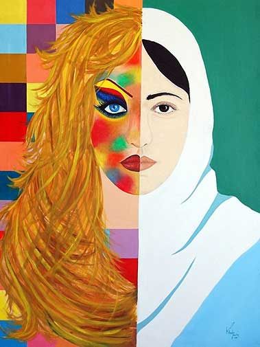 Khadija Hashemi painting - Would be fun to have students create a self portrait where half was "true self" & half was "alter ego" Mixed Media Self Portrait, Film Museum, Female Painters, Self Portrait Ideas, Art Matters, Two Faced, High School Art, Film History, Abstract Portrait