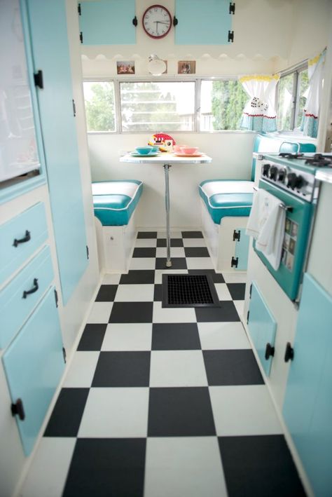 Cozy Little House: Living Simply: Part 1 - Vintage Trailers Vintage Trailer Remodel, Vintage Trailer Interior, Caravan Vintage, Vintage Camper Interior, Checkered Floor, Camper Vintage, Camping Vintage, Vintage Camper Remodel, Trailer Interior