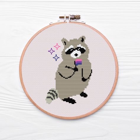 Cute Pride Raccoon Cross Stitch Pattern - PDF Download, LGBTQ+ Pride Flag, Trash Panda Holding Bisexual, Trans, Rainbow, Lesbian, Asexual Trans Cross Stitch, Pride Cross Stitch Pattern, Pride Raccoon, Raccoon Cross Stitch, Lgbtq Pride Flag, Trash Panda, Lgbtq Pride, Pride Flag, Pride Flags