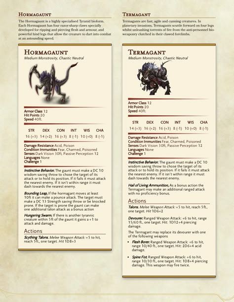 Hormagaunts and termagants  The Swarm grows with the addition of the base Tyranid creatures!  #dnd #dnd5e #warhammer #warhammer40k #dndhomebrew #tyranids Dnd Warhammer 40k, Dnd Warhammer Homebrew, Dnd Tyranids, Warhammer 40k Dnd 5e, Warhammer Dnd 5e, Dnd Monstrosity, Tyranids Art, Warhammer Dnd, Warhammer Tyranids