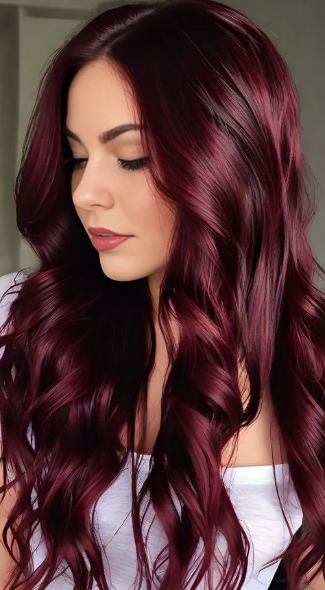 Cherry Red Hair Pale Skin, Red Wine Hair Color With Highlights, Dr Pepper Hair Color, Dark Red Hair Green Eyes, Cherry Burgundy Hair, Sangria Hair Color, Cherry Wine Red Hair, Dark Red Violet Hair, Dark Wine Red Hair