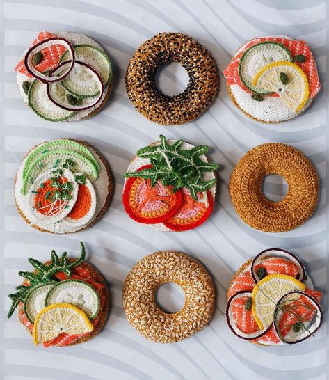 Knitted Food, Bagel Bar, Food Crochet, Food Artwork, November 12th, Premium Food, Crochet Food, Modern Crafts, Felt Food