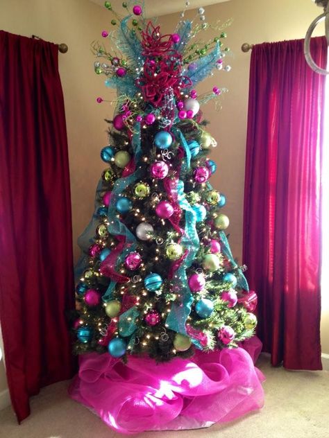 I loved making this Pink, blue, and green Christmas tree! Colored Christmas Tree, Purple Christmas Tree, Peacock Christmas, Blue Christmas Tree, Christmas Pink, Purple Christmas, Pink Christmas Tree, Christmas Tree Ideas, Beautiful Christmas Trees