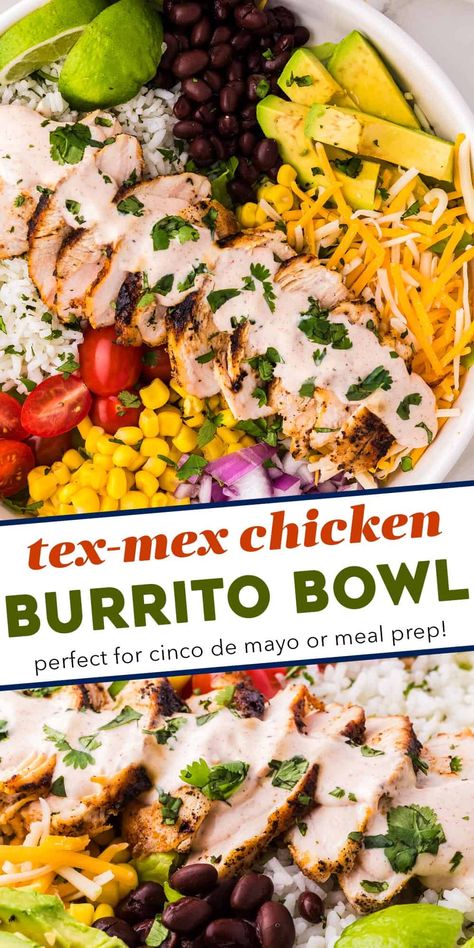 These chicken burrito bowls are a fun family dinner that can be made using a lot of leftovers, and parts of the recipe can be made ahead of time. This tex-mex recipe is also great for meal prep, and easy to customize to your tastes! Tex Mex Burrito Bowl, Tex Mex Rice Bowl, Tex Mex Bowls, Chicken Taco Bowls Healthy Meal Prep, Chicken And Rice Bowl Mexican, Rice For Burrito Bowls, Tex Mex Bowls Chicken, Chicken Burittos Bowl Recipes, Cooked Chicken Recipes Leftovers Healthy