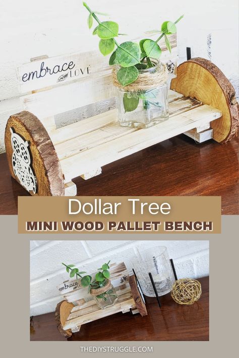 Mini wood pallet crafts are one of my favorite Dollar Tree Crafts to create! To Create this Dollar Tree Craft I cut down two Pallet and clued them together using wood rounds. For the full details on this Dollar Tree Pallet Craft and others please check out my youtube video! Dollar Tree Crafts Farmhouse, Wood Dollar Tree Crafts, Mini Wood Crafts, Dollar Tree Pallet Crafts Christmas, Mini Wood Pallet Crafts, Mini Pallet Ideas Diy Projects, Dollar Tree Wood Plank Crafts, Wooden Dollar Tree Crafts, Diy Mini Decor