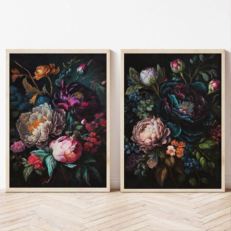 Jewel Tone Decor, Floral Wall Art Prints, Dark Botanical, Wall Art Dark, Peony Painting, Dark Flowers, Botanical Decor, Art Dark, Mural Floral