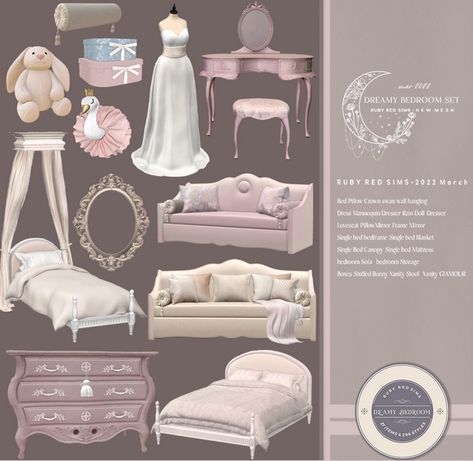 Furniture, Bedroom: Dreamy Bedroom Set – Ruby Red.  23 NEW ITEMS (2K TEXTURE): Dreamy bedroom bed Pillow Dreamy bedroom Crown swan wall hanging Dreamy bedroom Double bed bedframe Dreamy bedroom Double Bed Canopy Dreamy bedroom Double Bed Mattress Dreamy Bedroom Dress Mannequin Dreamy bedroom Dresser Rain Doll Dreamy bedroom Dresser Dreamy bedroom Loveseat Pillow Type2 […] The post Dreamy Bedroom Set at Ruby Red appeared first on Lana CC Finds - Sims 4 CC, Hair, Worlds, Cheats, Guid... Hicks Und Astrid, Sims 4 Beds, Die Sims 4, Sims Packs, Sims 4 Bedroom, Pelo Sims, Free Sims 4, The Sims 4 Packs, Sims 4 Game Mods