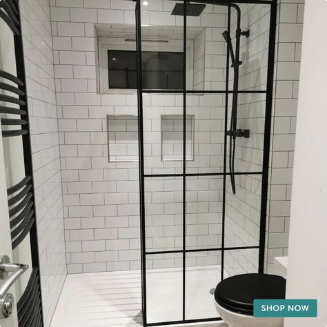 Panelled Shower Screen, Black Frame Shower Enclosure, Shower Tray Ideas, Bathroom 2023, Vibrant Bathroom, Modern Shower Room, Black Shower Doors, Monochrome Bathroom, Walk In Showers