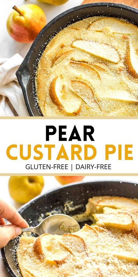 A deliciously good pear custard pie that you'll finish up in no time at all! Eat it straight from the pan, because it won't last long! Gluten-free and dairy-free. | pear desserts | pear pie | custard pie | gluten free pear desserts | gluten free desserts | dairy free desserts | easy pear recipes | recipes with pears | vegetarian recipes | gluten free dairy free | pie recipes #glutenfreedesserts #peardesserts #dairyfreedesserts #pearrecipes Dairy Free Desserts Easy, Gluten Free Dairy Free Pie, Easy Pear Recipes, Pear Recipes Healthy, Recipes With Pears, Dairy Free Pie Recipes, Dairy Free Pie, Asian Pear Recipes, Pear Custard