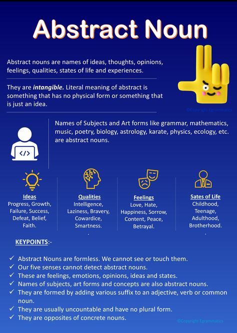 Quick Summary of Abstract nouns. Here are examples of Abstract nouns and some important rules related to them. Compound Nouns, What Is A Noun, Concrete And Abstract Nouns, Media Literacy Lessons, English Comprehension, Noun Definition, Tutoring Ideas, Project Drawing, Types Of Nouns