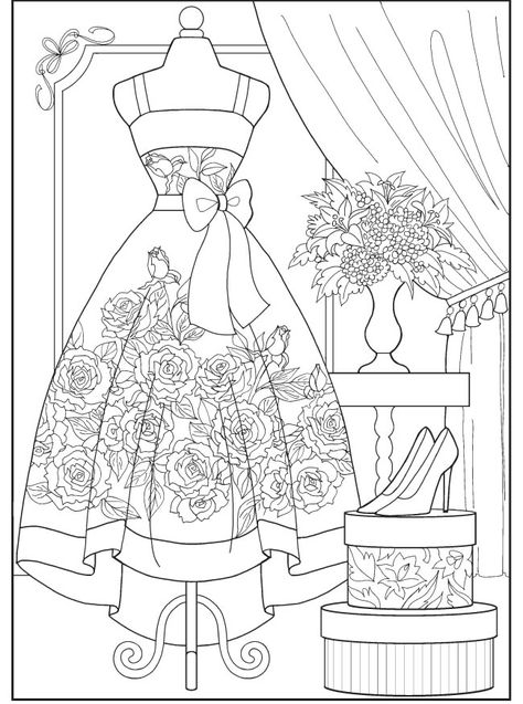 Dover Coloring Pages, Colouring Book Pages, Illustration For Kids, Fashion Coloring Book, Dazzling Dress, Dover Publications, Detailed Coloring Pages, Adult Colouring Pages, Free Adult Coloring Pages