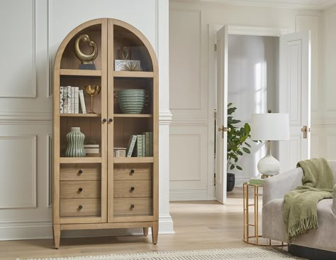 PRICES MAY VARY. Two wood framed glass doors Two adjustable shelves Three drawers for storage needs Fully Assembled Wire brushed natural Light Oak finish Arched Display Cabinet, Arched Bookcase, Bookcase Office, Corner Storage Cabinet, Cabinet Bookcase, Office Shelving, Wood Arch, Dining Cabinet, Living Room Size