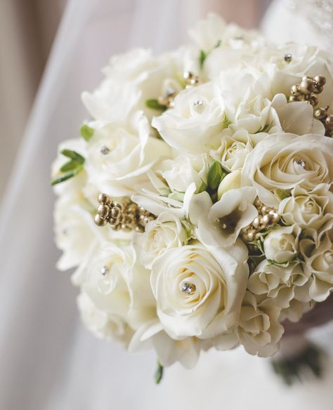 White wedding bouquet (with gold detail) - Wedding Flowers http://www.flowersbeautiful.com/wedding-flowers All White Bridal Bouquet, Gold Wedding Bouquets, Gold Bouquet, White Bridal Bouquet, White Wedding Bouquets, White Bouquet, White Gold Wedding, White Bridal, Gold Dress