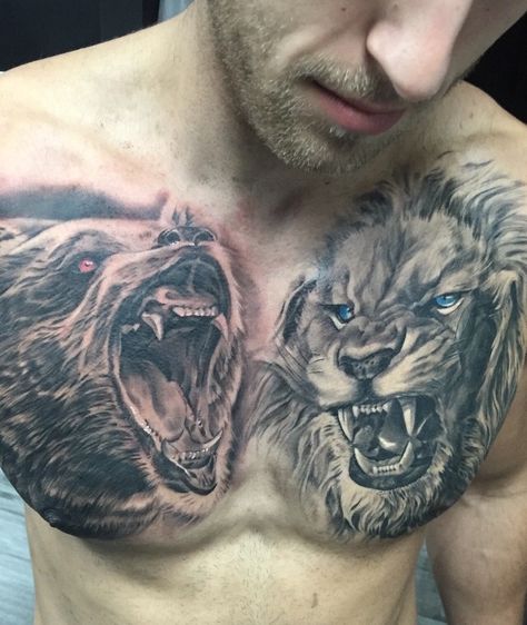 Bear and Lion Chest Tattoo Lion Chest Tattoo, Eagle Chest Tattoo, Mens Lion Tattoo, Lion Tattoo Design, Bear Tattoos, Cool Chest Tattoos, Chest Piece Tattoos, Geniale Tattoos, Chest Tattoo Men