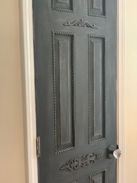 DIY Antique Pantry Door #kitchen #remodel #blackandwhitekitchen Door Makeover Diy Interiors, Diy Pantry Door, Antique Pantry Door, Painted Pantry Doors, Interior Door Makeover, Antique Pantry, Stenciled Doors, Painted Pantry, Farmhouse Fireplace Decor