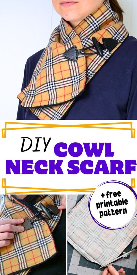 This diy cowl scarf tutorial will teach you the step-by-step process for making a fleece lined cowl neck scarf with a clasp closure. I used flannel for the main fabric and minky fleece for the back to make it softer to wear. You can download the scarf sewing pattern (free) and follow along with the scrap sewing project | flannel scrap sewing projects | fleece scarf ideas | plaid flannel scarf diy | diy cowl neck scarf | diy cowl scarf sewing free pattern | diy scarf ideas Neck Cowl Pattern Sewing, Fleece Scarf Patterns Free, Neck Gaiter Pattern Sewing, Fleece Projects Sewing Patterns, Fleece Keyhole Scarf Pattern Free, Neck Warmer Pattern Sewing, Scarf Sewing Pattern Free, Winter Scarf Ideas, Flannel Scarf Diy