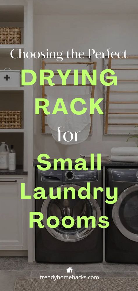 Choosing Drying Rack for Small Laundry Rooms Pinterest Pin caption with a background of a laundry room with wall drying racks installed. Small Drying Room, Dry Flat Laundry, Laundry Room Ideas For Hanging Clothes, Laundry Racks Ideas, Hanging Wet Clothes In Laundry Room, Laundry Room Air Dry, Tension Rod Laundry Room, Laundry Room Drying Ideas, Small Laundry Room With Drying Rack