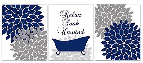 Amazon.com: Wall Art Boutique - Navy Blue & Gray Flower Burst Bathroom Decor Wall Art - Relax Soak Unwind - BATH255 (5 inches x 7 inches Canvas): Posters & Prints Blue Clawfoot Tub, Blue And Gray Bathroom Decor, Blue And Gray Bathroom, Claw Tub, Claw Tubs, Gray Bathroom Walls, Navy Blue Bathrooms, Relax Soak Unwind, Bathroom Wall Decor Art