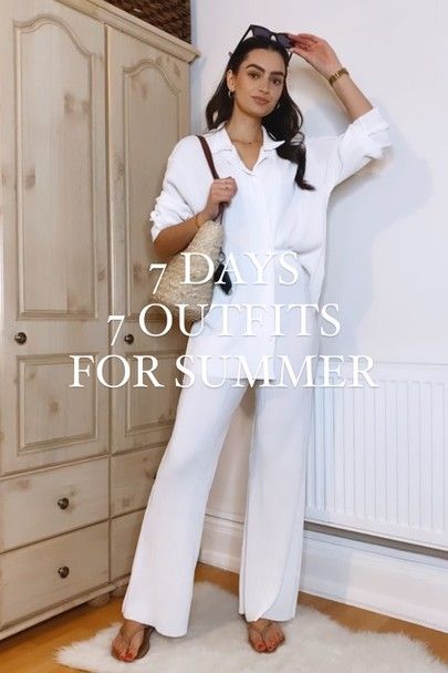 7 Days, 7 Outfits for Summer: Day 6 ☀️ White plisse trousers and white plisse shirt co-ord, basket bag, havaianas #LTKSeasonal White Monochromatic Outfit Summer, White Trousers Outfit Classy, Monochromatic Outfit Summer, White Monochromatic Outfit, White Trousers Outfit, Printed Shirt Outfit, Co Ords Outfits, White Skort, Trouser Outfit