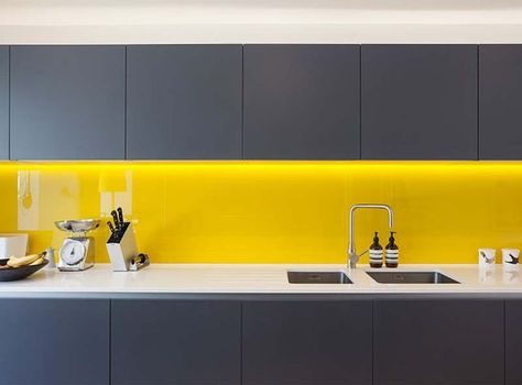 Yellow splashback, grey kitchen cupboards in a Victorian terrace house renovation in vibrant East London #kitchensplashbacks Yellow Backsplash, Voxtorp Ikea, Victorian Terrace House, London Kitchen, Diy Kitchen Renovation, Yellow Kitchen, Grey Kitchens, Grey Kitchen, Terraced House