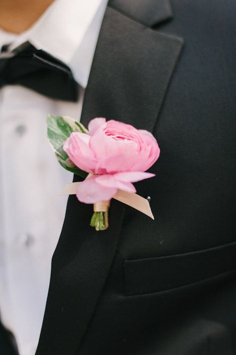 Peony Boutonniere, Ranunculus Boutonniere, Pink Boutonniere, Pink Ranunculus, Roosevelt Hotel, Groomsmen Boutonniere, Library Wedding, Jewel Tone Wedding, Costume Noir