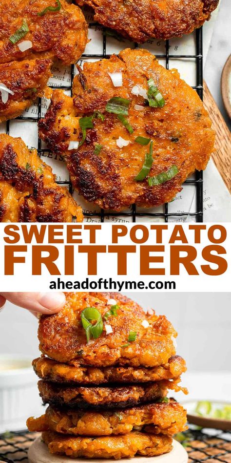 Homemade Sweet Potato Fritters are easy to make, flavorful, and delicious. They're pan-fried to perfection with a crisp crust on the outside and a soft bite on the inside. Plus, the flavor is unmatched — with a mixture of Parmesan cheese and chives for a savory, salty flavor that balances the sweetness of the sweet potatoes. Serve as an appy or pair with roasted meats for a cozy, comforting meal any time of the year. | aheadofthyme.com #sweetpotatofritters #sweetpotato #frit via @aheadofthyme Sweet Potato Apps, Savory Roasted Sweet Potatoes, Stovetop Sweet Potato Recipes, Fresh Sweet Potato Recipes, Sweet Potato Savory, Fried Sweet Potatoes Skillet, Sweet Potato Cakes Fried, Baked Sweet Potato Fritters, Sweet Potato Puffs Recipe