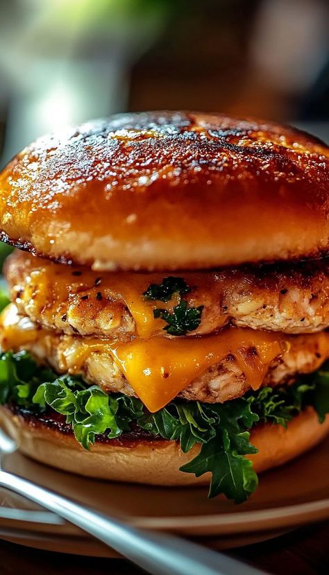 Packed with flavor, this chicken cheddar burger is a fall favorite! Juicy ground chicken is mixed with sharp cheddar, seasoned to perfection, and grilled for a smoky finish. Topped with melted cheddar and your favorite fall burger toppings, it’s a delicious way to celebrate the season with each bite. Perfect for game day or a cozy family meal! Cheddar Burgers Recipe, Hangover Burger, Chili Burgers, Juicy Food, Chicken Burger Recipe, Burger Ideas, Healthy Burger Recipes, Chicken Cheddar, Crispy Chicken Burgers