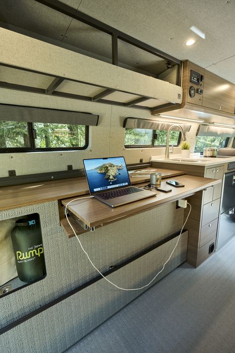 Berm | Mobile Office Van | Outside Van Van Conversion Office, Mobile Office Van, Office Van, Bus Interior, Bug Screen, Sprinter Van Conversion, Slider Door, Campervan Life, Office Remodel