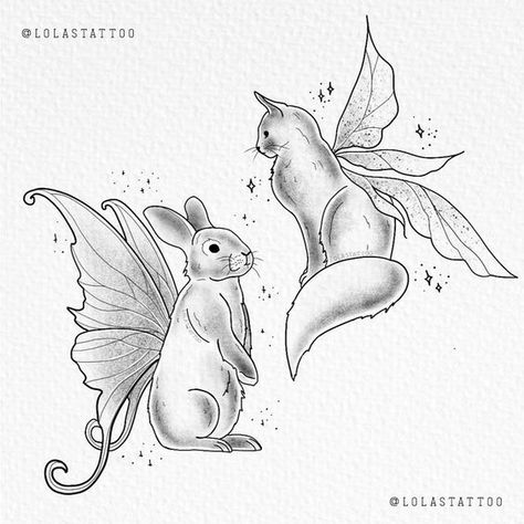 fairy animals drawing #tattooworkers #tattoomagazine #hellokittysurabaya Butterfly Cat Drawing, Bunny With Wings Drawing, Rabbit And Cat Tattoo, Fairy Animals Drawing, Bunny Fairy Tattoo, Fairy Bunny Tattoo, Animal Fairy Tattoo, Cat And Rabbit Drawing, Bunny And Cat Tattoo