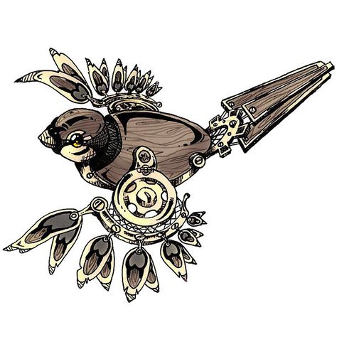 A creative tattoo idea of a sparrow with steampunk style wings and tail. Style: Steampunk. Color: Brown. Tags: Creative, Amazing Steampunk Tattoo Ideas, Sparrow Tattoo Design, Steampunk Drawing, Steampunk Bird, Tattoos Pinterest, Steampunk Tattoo, Sparrow Tattoo, Steampunk Animals, Robot Animal