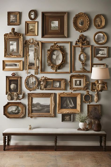 15 Vintage Gallery Wall Ideas To Add Timeless Charm To Your Home Gallery Wall French, Bintage Wall Art, Antique Art Wall, Vintage House Decor Ideas, Family History Photo Wall, Golden Mirror Wall, Wabi Sabi Bedroom Design, Cottage Gallery Wall, Vintage Gallery Wall Ideas