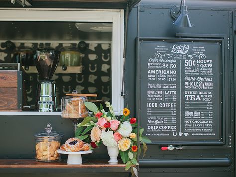 Coffee's up! This mobile coffee truck based in Austin is finally up and running. We did the branding about a year and a half ago. Super excited to reveal all the little details.  Check out the atta... Food Truck Menu Display, Coffee And Pastry Food Truck, Food Truck Signage, Coffee Trailer Interior, Black Food Truck, Food Truck Interior, Foodtrucks Ideas, Coffee Food Truck, Food Truck Menu