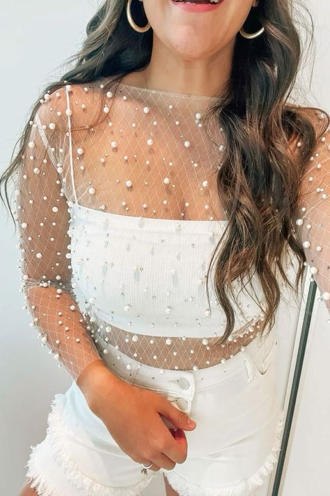 Sparkly Bride Bachelorette Outfit, Mesh Beaded Top, Pearl Bachelorette Outfit, Pearl Overlay Top, Bachelorette Jeans Outfit, Mesh Pearl Top Outfit, Sheer Pearl Top Outfit, Pearl Mesh Top Outfit, Casual Bachelorette Party Outfit