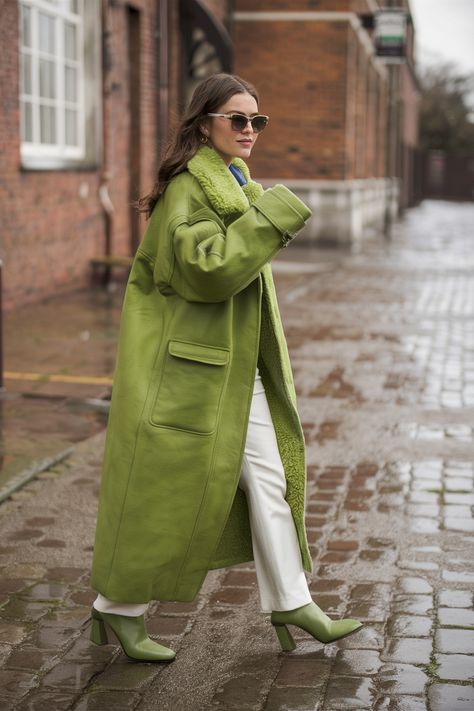 This image presents a striking ensemble featuring a lime green coat layered over a textured green sweater, paired with crisp white trousers and boots in the same vibrant hue. The outfit is an exquisite demonstration of how to use bold colors to make a winter outfit pop, perfect for those who want to break the monotony of traditional dark winter colors and add a splash of January outfits aesthetic. January Outfits, Easy Winter Outfit, White Trousers, Dark Winter, Aesthetic Look, Green Coat, Warm Autumn, Urban Chic, Winter Colors