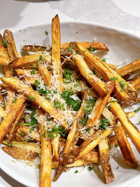 Sides — The Hungry Hooker Fries Picture, Italian Fries, Parmesan Truffle Fries, Parmesan Fries, Truffle Salt, Truffle Fries, Bistro Food, Fries Recipe, Air Fryer Recipes Easy