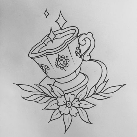 Oldschool Coffee Cup Tattoo Flash Traditional Coffee Tattoo, Tea Cup Drawing, Coffee Cup Tattoo, Tea Tattoo, Teacup Tattoo, Cup Tattoo, Coffee Tattoo, Tattoo Old School, Coffee Tattoos