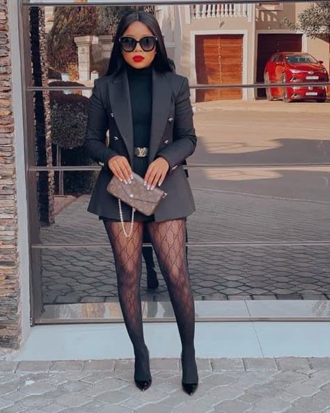 Blazer Dress And Stockings Outfit, Networking Outfit Women Winter, Blazer With Stockings Outfit, Dresses With Stockings Outfit Classy, Black Dress And Stockings Outfit, Blazer And Stockings Outfit, Black And Gold Dinner Outfit, Black Photoshoot Outfit, Dress With Blazer Outfit Work Attire