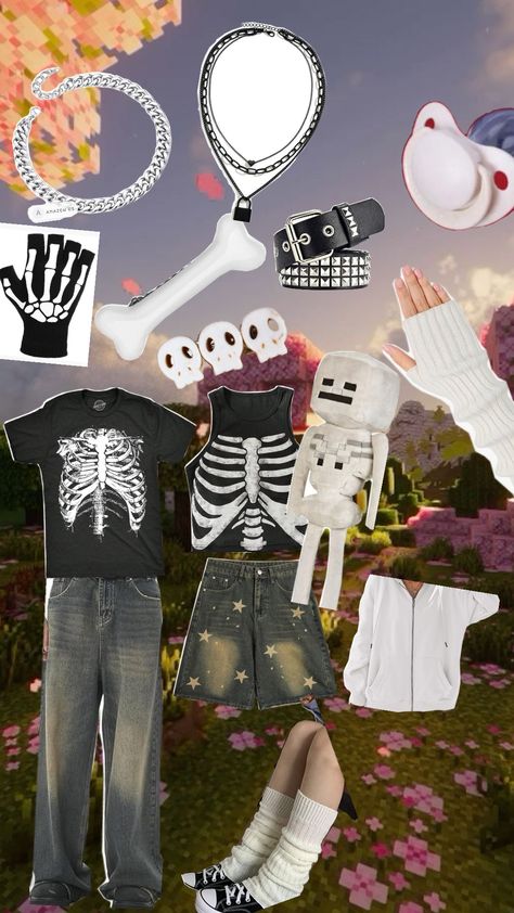 Minecraft skeleton themed outfit, I made a list of where to find all these items if you want any #outfit #minecraft #minecraftskeleton #skeleton Minecraft Skeleton, Lists To Make, Themed Outfits, Skeleton, Minecraft