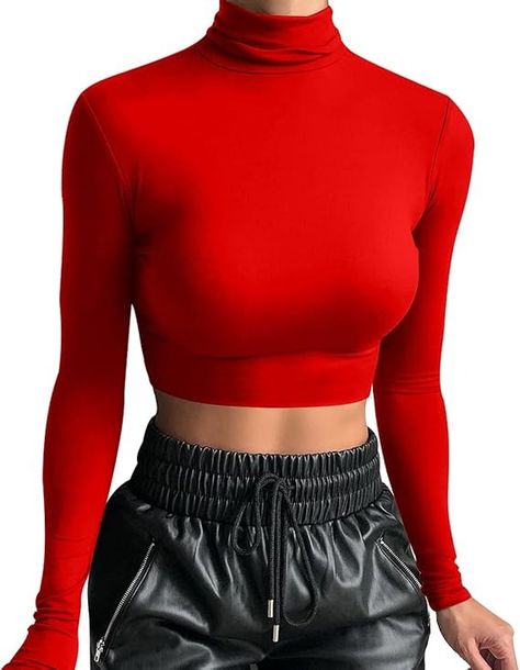 LCNBA Women's Long Sleeve Crop Top Turtleneck Sexy Basic Cropped Tops Shirt Red XLarge at Amazon Women’s Clothing store Shirt And Tops For Women, Tshirts With Long Sleeve Under, Red Top Outfits For Women, Red Clothes Women, Crop Top Rojo Outfits, Long Sleeved Shirt Outfits, Red Winter Tops, Crop Tops Rojos, Tight Crop Top Outfit